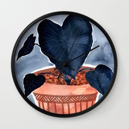 Colocasia Houseplant Wall Clock | Watercolor, Navyleaves, Colocasiaplant, White, Digital, Brown, Botanicalart, Navy, Houseplant, Indoorplants 