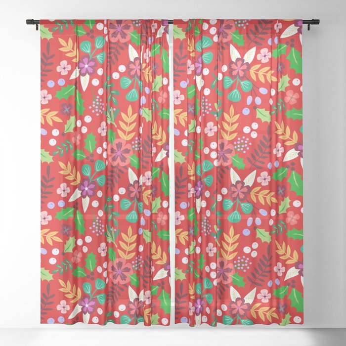Festive floral Christmas pattern Sheer Curtain