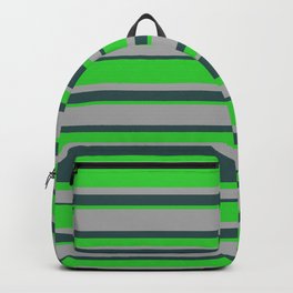 [ Thumbnail: Dark Slate Gray, Lime Green & Dark Gray Colored Stripes Pattern Backpack ]