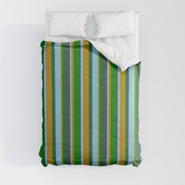 [ Thumbnail: Dark Slate Gray, Sky Blue, Dark Goldenrod, and Green Colored Pattern of Stripes Comforter ]