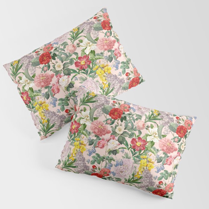VINTAGE GARDEN  Botanical Illustration Collage  - Pink  Pillow Sham