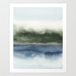 Forest Reflection II - Olive Green Forest Trees Navy Blue River Reflection Art Watercolor  Art Print