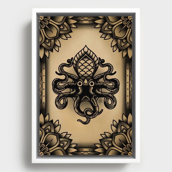 Traditional Tattoo Octopus - BW Framed Canvas