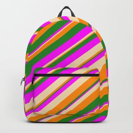 [ Thumbnail: Tan, Dark Orange, Forest Green, and Fuchsia Colored Striped Pattern Backpack ]