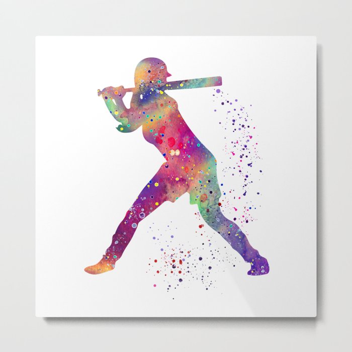 Girl Baseball Player Softball Batter Colorful Watercolor Art Metal Print