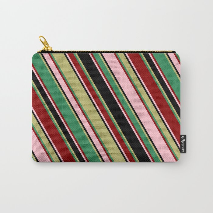 Colorful Pink, Black, Dark Khaki, Sea Green & Dark Red Colored Pattern of Stripes Carry-All Pouch