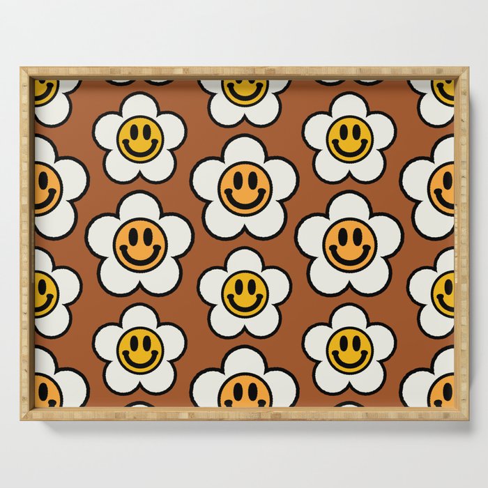 Bold And Funky Flower Smileys Pattern (Ginger Bread BG color) Serving Tray
