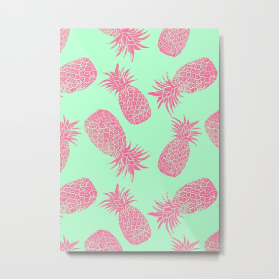 Pineapple Pattern - Mint & Crimson Metal Print