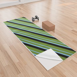 [ Thumbnail: Green, Light Sky Blue, and Black Colored Lined/Striped Pattern Yoga Towel ]