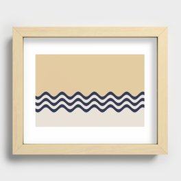 Beige Cream and Navy Blue Triple Wavy Horizontal Stripe Pattern Recessed Framed Print