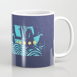 Wave and Boat Linocut Coffee Mug