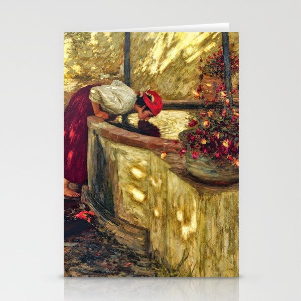 Girl at the Well with Lilacs, Liguria, Italy portrait by Henry Herbert La Thangue Stationery Cards