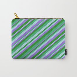 [ Thumbnail: Sea Green, Light Blue, Purple, and Forest Green Colored Lines/Stripes Pattern Carry-All Pouch ]