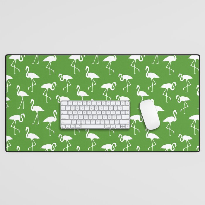 White flamingo silhouettes seamless pattern on green background Desk Mat