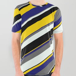 [ Thumbnail: Eyecatching Dim Grey, Mint Cream, Black, Yellow, and Midnight Blue Colored Stripes Pattern All Over Graphic Tee ]