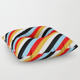 [ Thumbnail: Sky Blue, Red, Goldenrod, White & Black Colored Lines/Stripes Pattern Floor Pillow ]