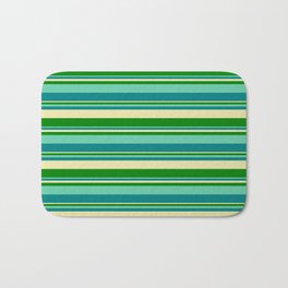 [ Thumbnail: Aquamarine, Teal, Pale Goldenrod, and Green Colored Striped Pattern Bath Mat ]