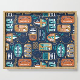 Vintage canned sardines // navy blue background peacock teal and gold drop orange cans  Serving Tray