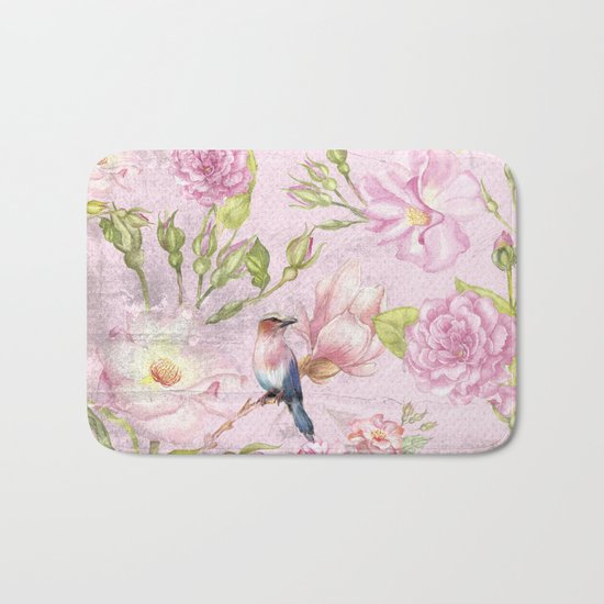 Floral painterly background in pink with Roses Flowers and Birds Bath Mat