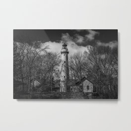 Grosse Point Poe Style Lighthouse Lake Michigan Evanston Illinois Black and White Metal Print | Chicago, Grosse Point, Coastline, Nautical, Photo, Sailors, Black And White, Shore, Rustic, Lake 