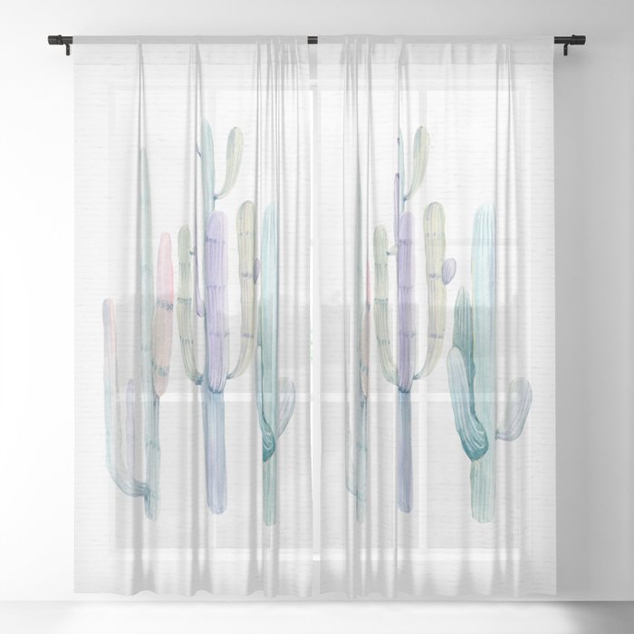 Cactus Trio Turquoise Purple by Nature Magick Sheer Curtain