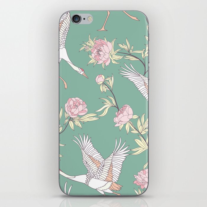 Japanese Ornate Heron Pattern Sage Blush I iPhone Skin