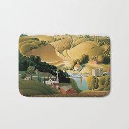 Stone City, Iowa, Rolling Hills, Great Plains Heartland landscape painting by Grant Wood Bath Mat | Newengland, Wyoming, Indiana, Oldwest, Farms, Painting, American, Sonomavalley, Americanwest, Midwest 