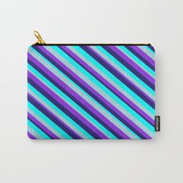 [ Thumbnail: Midnight Blue, Aqua, Light Blue, and Purple Colored Lined/Striped Pattern Carry-All Pouch ]