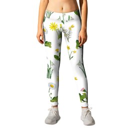 Spring floral - yellow and white Leggings | Dandelion, White, Collage, Yellow, Cushag, Wildgarlic, Manx, Spring, Pattern, Papercut 
