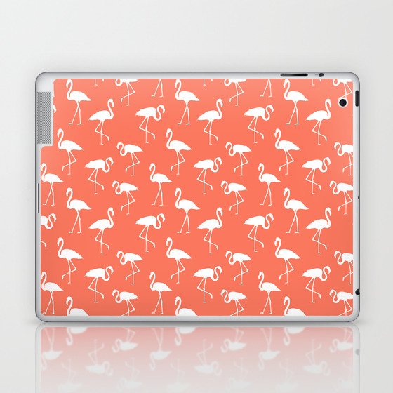 White flamingo silhouettes seamless pattern on coral background Laptop & iPad Skin