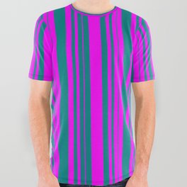 [ Thumbnail: Teal and Fuchsia Colored Pattern of Stripes All Over Graphic Tee ]