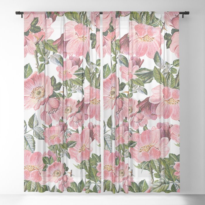 Vintage Forest Green Pink Coral Bohemian Floral Sheer Curtain By