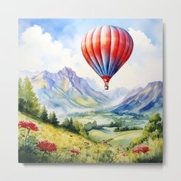 Hot Air Balloon Flying over Mountains - Watercolor Landscape Metal Print