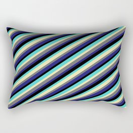 [ Thumbnail: Eyecatching Turquoise, Pale Goldenrod, Dim Gray, Midnight Blue, and Black Colored Striped Pattern Rectangular Pillow ]