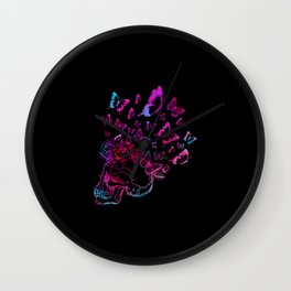 Colorful skull with pink butterfly hair Wall Clock