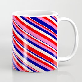 [ Thumbnail: Beige, Red, Hot Pink, and Dark Blue Colored Stripes/Lines Pattern Coffee Mug ]
