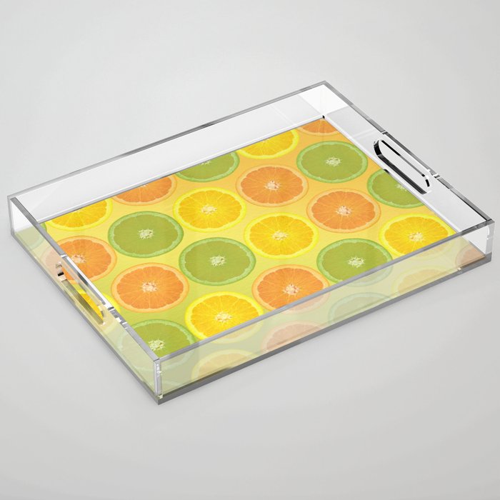Yellow and green Watercolor Lemon Slices Pattern, Yellow Lemon print Background, Summer color Acrylic Tray