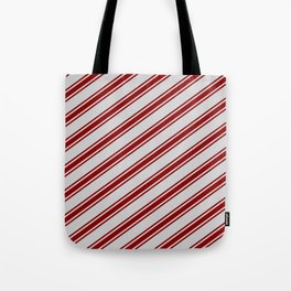 [ Thumbnail: Light Grey and Dark Red Colored Striped Pattern Tote Bag ]