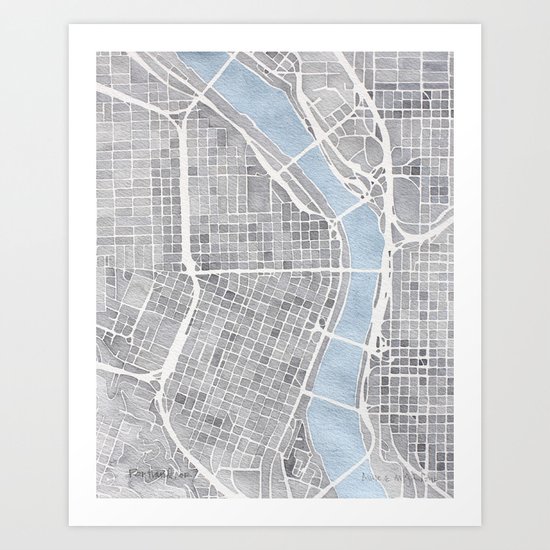 Portland Oregon watercolor city map art Art Print