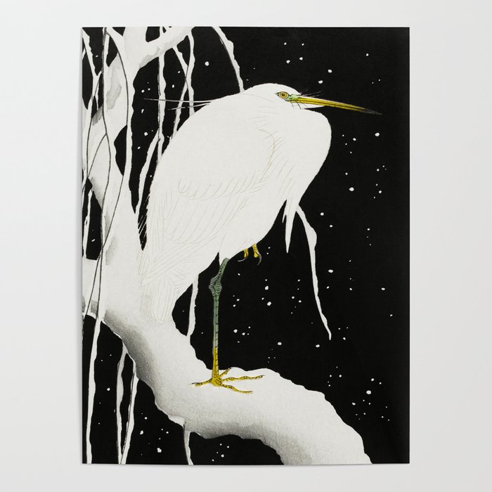 Heron in the snow  - Vintage Japanese Woodblock Print Art Poster