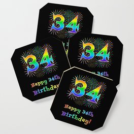 [ Thumbnail: 34th Birthday - Fun Rainbow Spectrum Gradient Pattern Text, Bursting Fireworks Inspired Background Coaster ]
