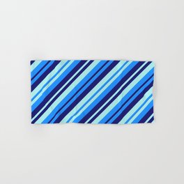 [ Thumbnail: Blue, Midnight Blue, and Turquoise Colored Lined/Striped Pattern Hand & Bath Towel ]