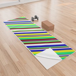 [ Thumbnail: Maroon, White, Blue, Yellow & Green Colored Striped Pattern Yoga Towel ]