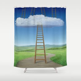 Surrealist Landscape Cloud Ladders Path Spiritual Mountains Weird Art Shower Curtain