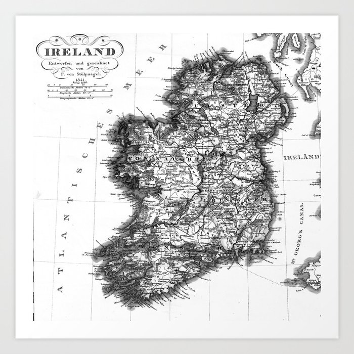 Ireland Map Black And White Vintage Black and White Ireland MAp Art Print by mapmaker | Society6