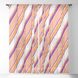 [ Thumbnail: Light Salmon, Purple, White, and Dark Orange Colored Stripes Pattern Sheer Curtain ]