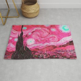The Starry Night - La Nuit étoilée oil-on-canvas post-impressionist landscape masterpiece painting in alternate fuchsia pink and baby blue by Vincent van Gogh Area & Throw Rug