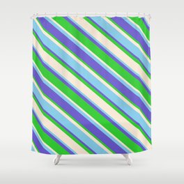 [ Thumbnail: Slate Blue, Lime Green, Beige & Sky Blue Colored Pattern of Stripes Shower Curtain ]