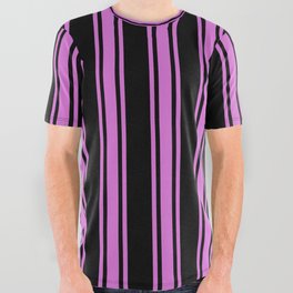 [ Thumbnail: Black and Orchid Colored Pattern of Stripes All Over Graphic Tee ]