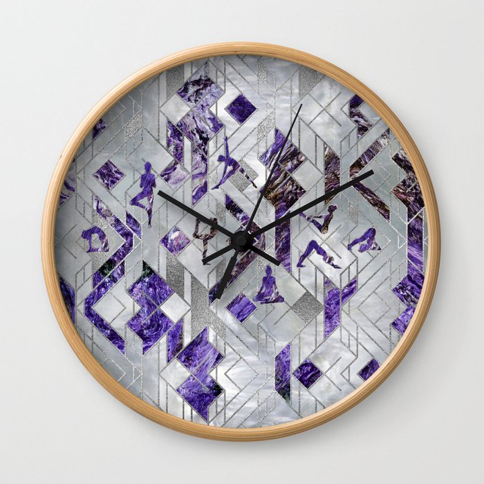 Yoga Asanas in Amethyst on geometric pattern Wall Clock